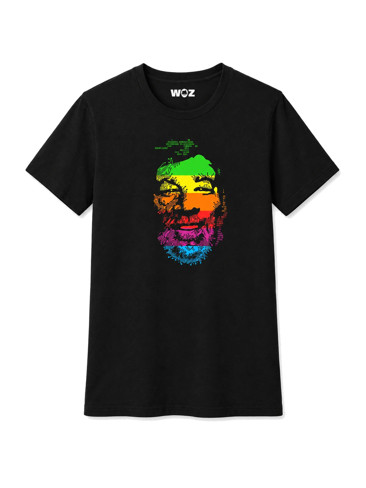 WOZ Rainbow T-Shirt with white screen-printed WOZ neck logo