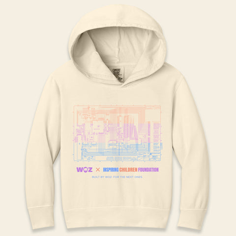 The Youth Schematic Hoodie — WOZ × ICF, ivory, Apple-1 schematic print