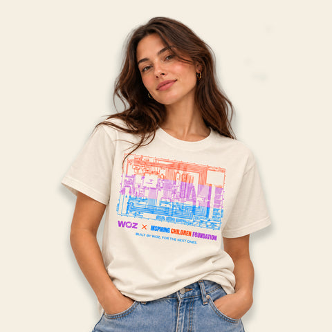 The Schematic Tee — WOZ × ICF, natural, Apple-1 schematic print