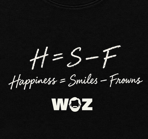 “H = S − F” — Woz Happiness Formula Tee - artwork detail, cropped from the existing catalog image.