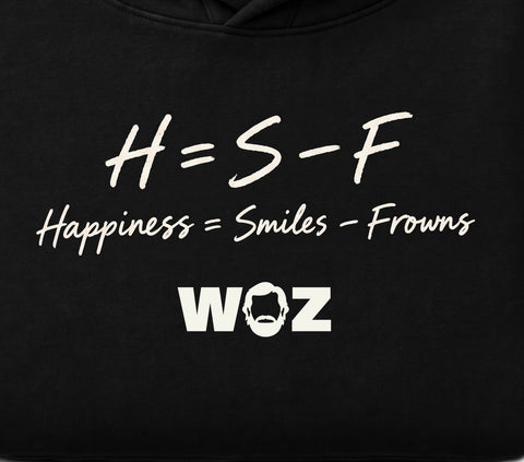 “H = S − F” — Woz Happiness Formula Hoodie - artwork detail, cropped from the existing catalog image.