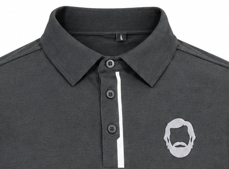 WOZ Performance Polo - collar and placket, cropped from the existing catalog image.