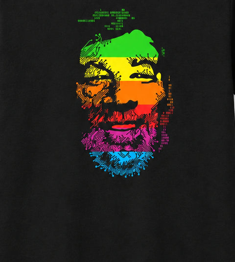 Close-up of the multicolor WOZ rainbow portrait print on the WOZ Rainbow T-Shirt.