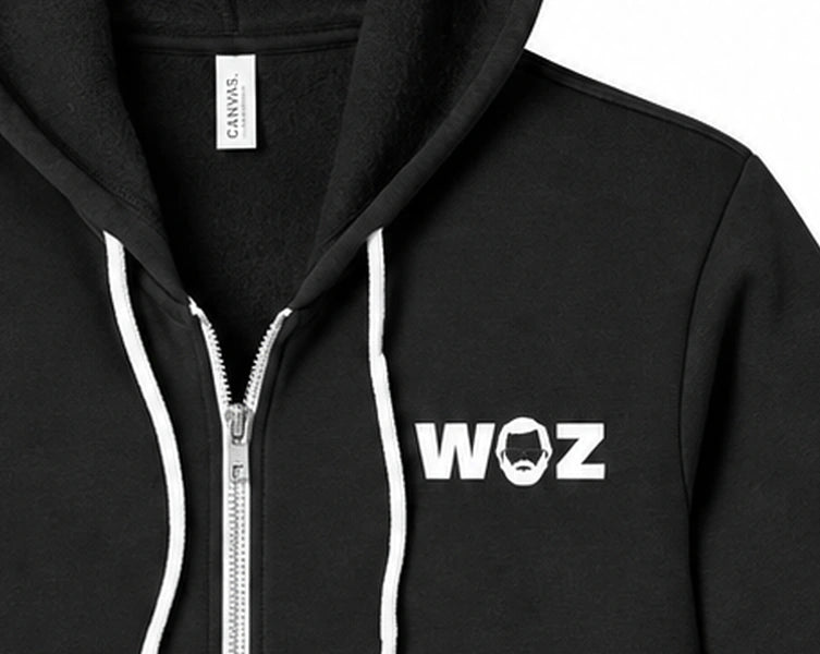 WOZ Zip Up Hoodie - chest artwork and zipper, cropped from the existing catalog image.