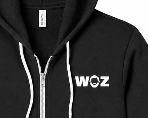 WOZ Zip Up Hoodie - chest artwork and zipper, cropped from the existing catalog image.