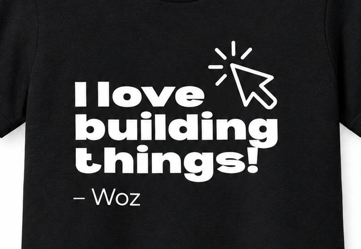 "I love building things!" WOZ Youth Tee - front artwork, cropped from the existing catalog image.