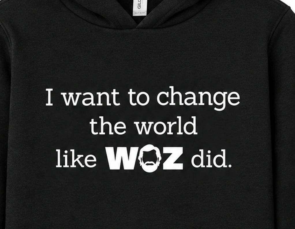 "I Want to Change the World" WOZ Youth Hoodie - front artwork, cropped from the existing catalog image.