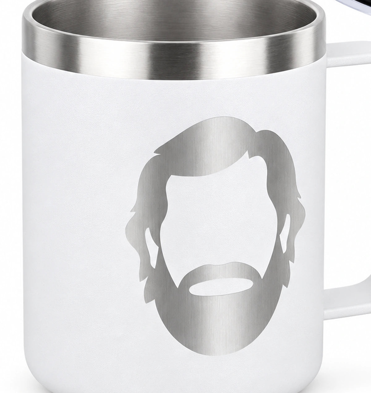 WOZ 14 oz Insulated Coffee Mug - mug body and portrait, cropped from the existing catalog image.