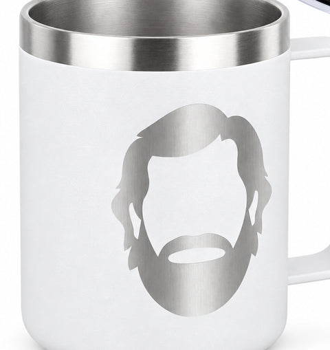 WOZ 14 oz Insulated Coffee Mug - mug body and portrait, cropped from the existing catalog image.