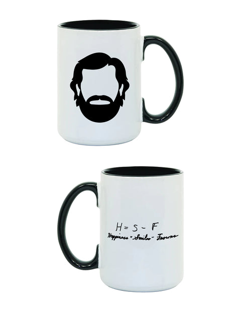 WOZ Happiness Mug, front and reverse views of one mug.