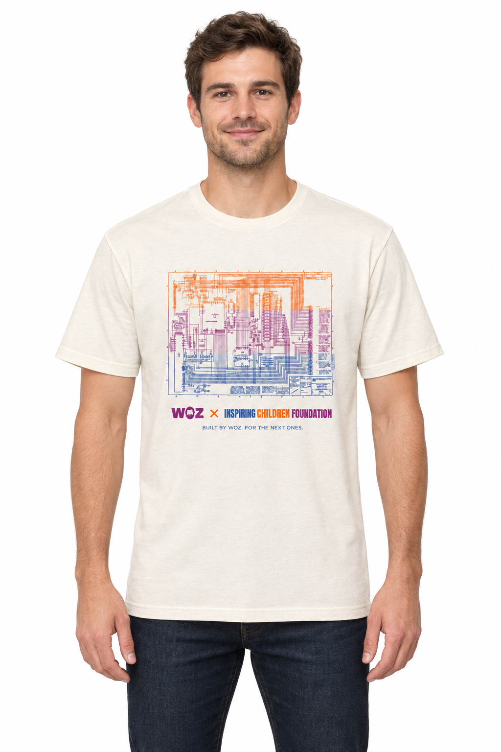 Male model wearing the cream WOZ × ICF Schematic Tee, showing the three-color schematic and foundation logo on a white background.