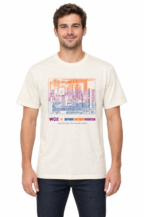 Male model wearing the cream WOZ × ICF Schematic Tee, showing the three-color schematic and foundation logo on a white background.