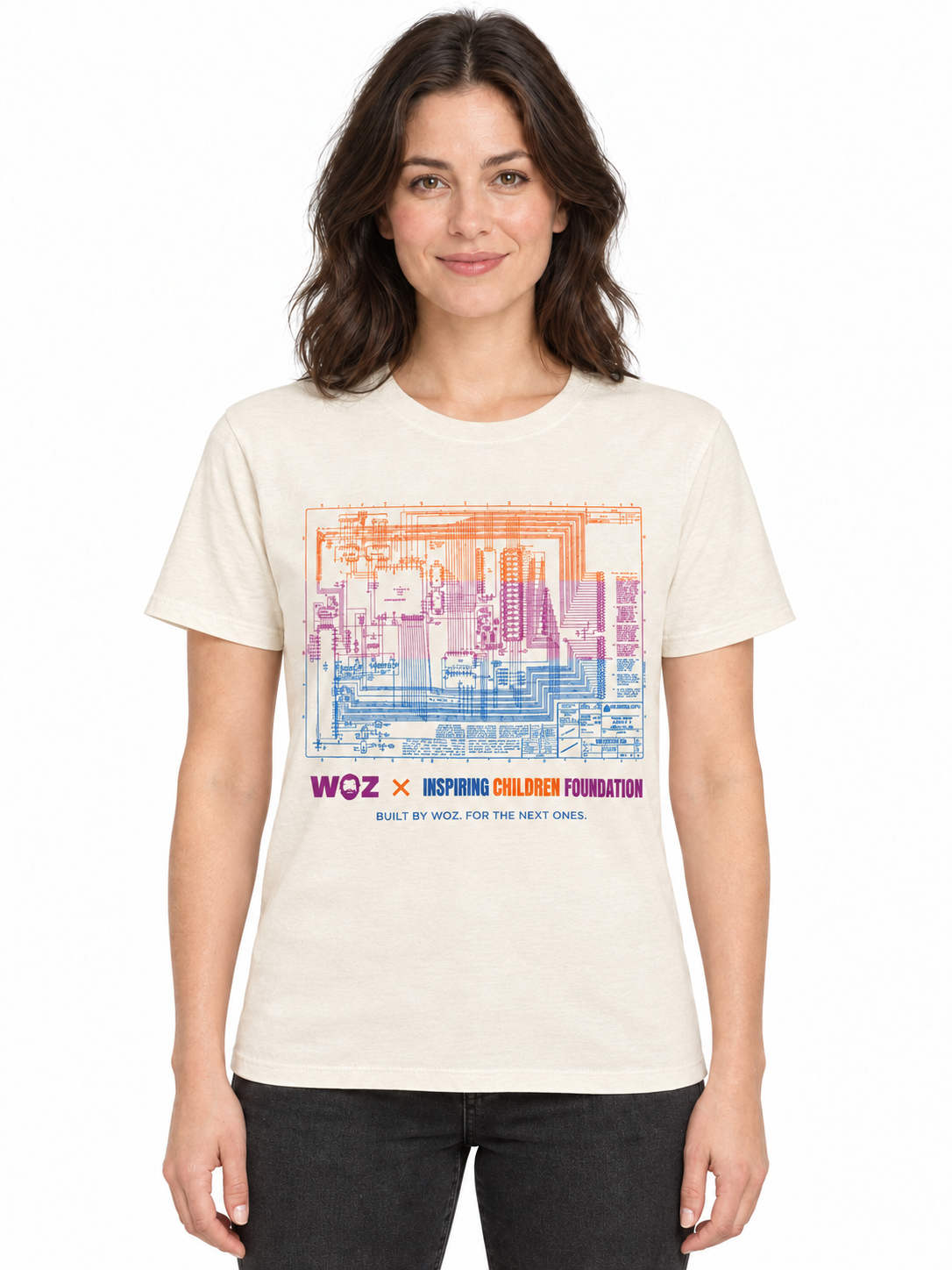 AI-generated adult model wearing the cream WOZ × ICF Schematic Tee on white, with three-color schematic, foundation logo and Built by Woz. For the next ones. tagline.