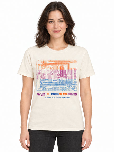 AI-generated adult model wearing the cream WOZ × ICF Schematic Tee on white, with three-color schematic, foundation logo and Built by Woz. For the next ones. tagline.