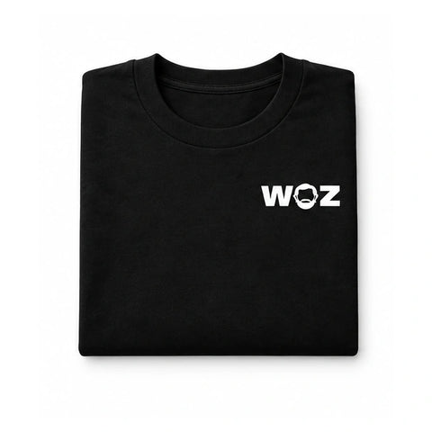 WOZ Nerd Uniform Box: black tee folded front product render on white.
