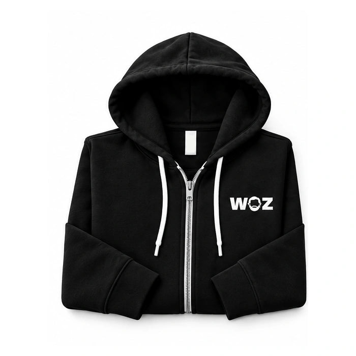 WOZ Nerd Uniform Box: black zip hoodie folded front product render on white.
