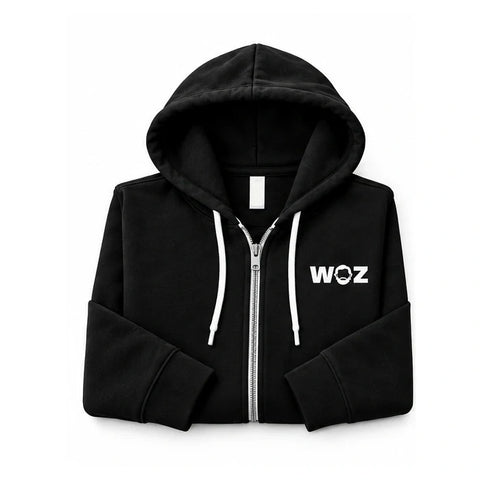 Black WOZ Zip Up Hoodie, folded front product render with white WOZ chest logo, white zipper and white drawstrings.