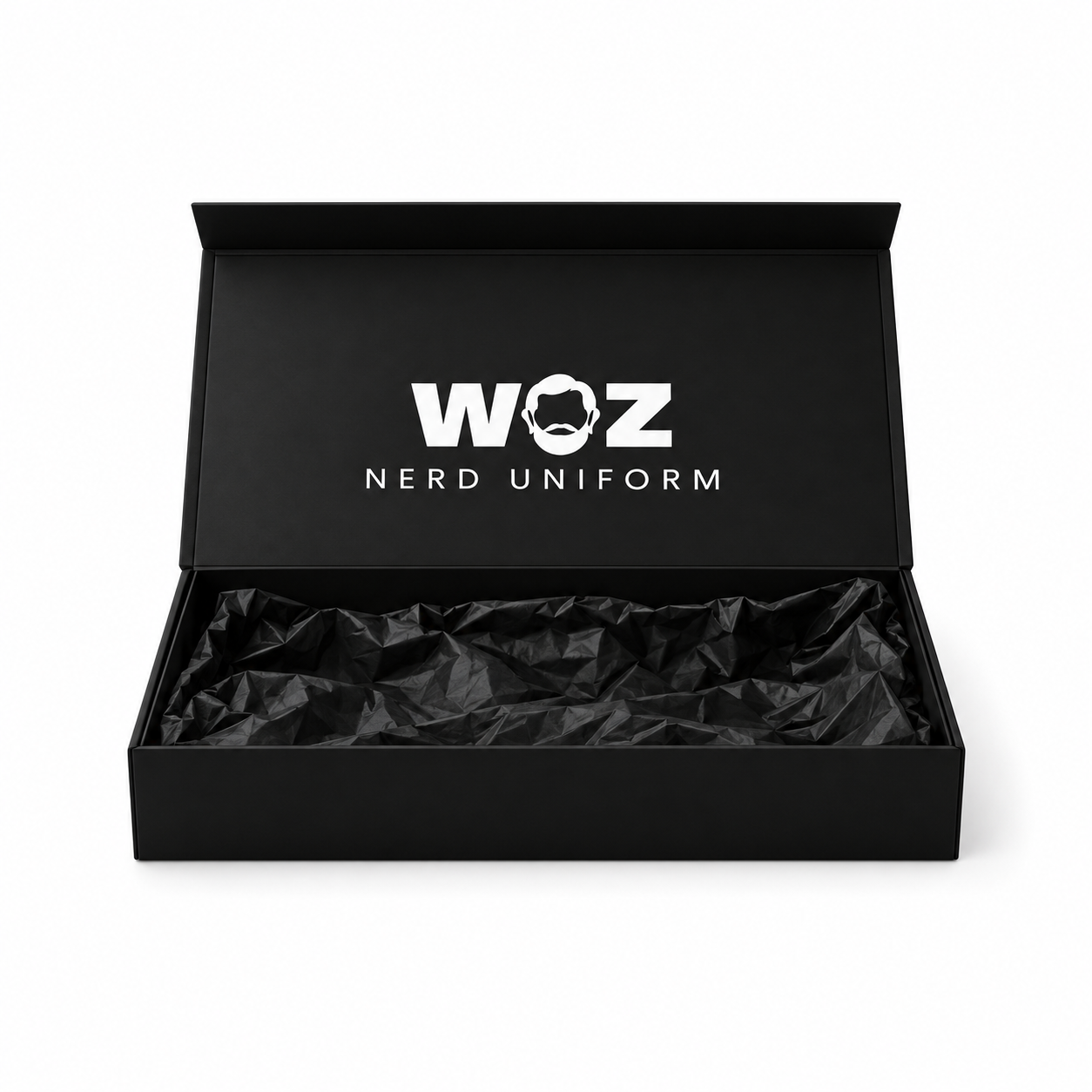 WOZ Nerd Uniform branded black presentation box with open logo lid and black tissue, product render on white.