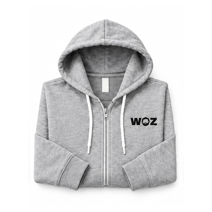 WOZ Nerd Uniform Box: gray zip hoodie folded front product render on white.
