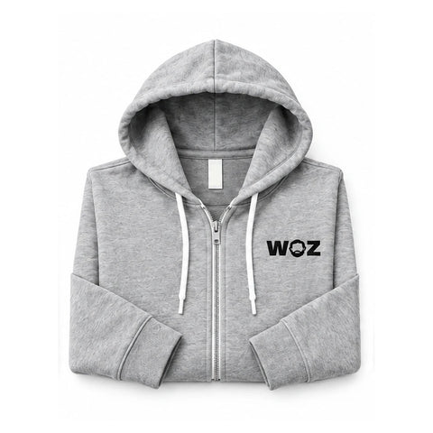 WOZ Nerd Uniform Box: gray zip hoodie folded front product render on white.