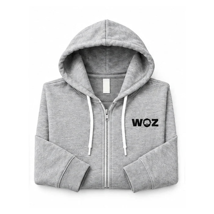 Gray WOZ Zip Up Hoodie, folded front product render with black WOZ chest logo and white zipper.