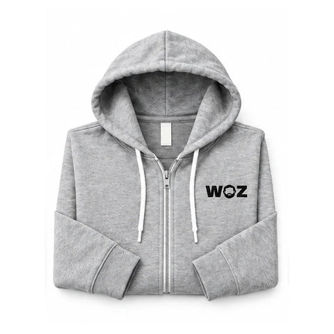 Gray WOZ Zip Up Hoodie, folded front product render with black WOZ chest logo and white zipper.