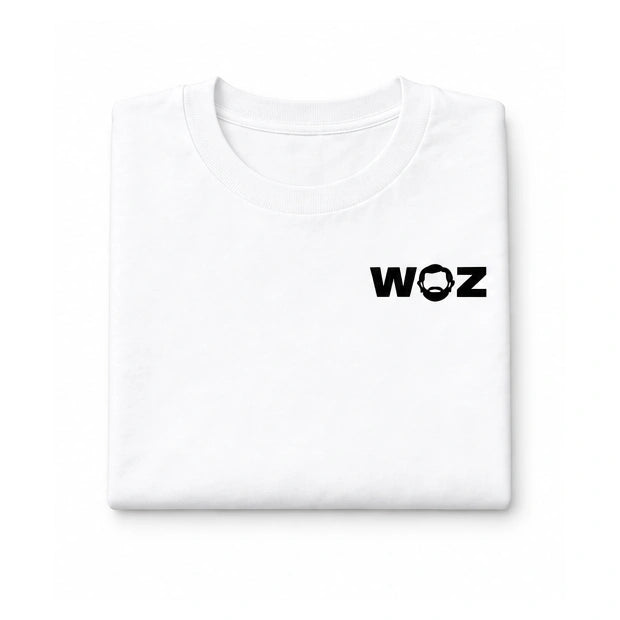 WOZ Nerd Uniform Box: white tee folded front product render on white.