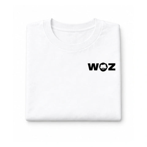 WOZ Nerd Uniform Box: white tee folded front product render on white.
