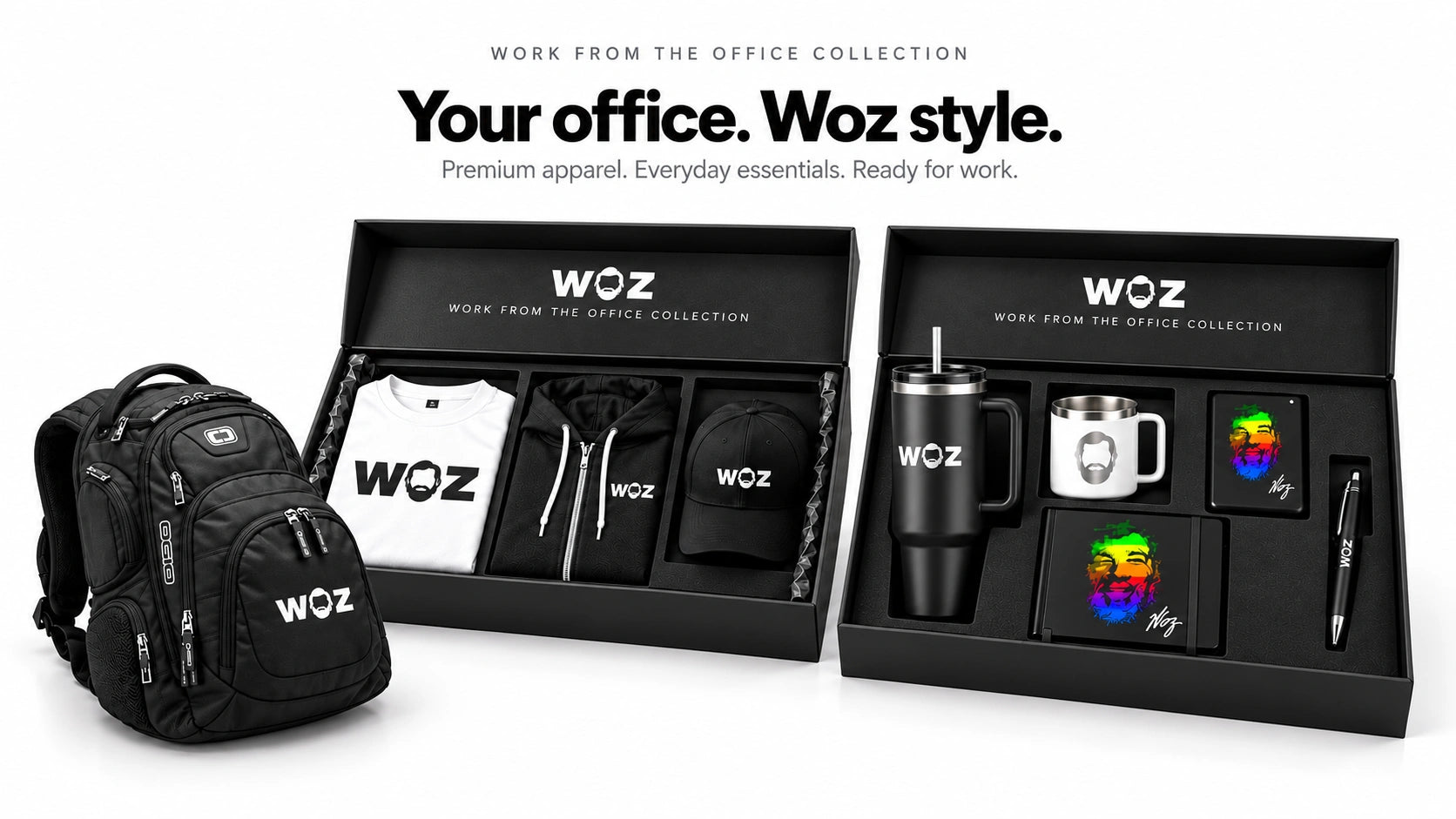 WOZ Work From the Office Gift Box: backpack, white Power Tee, black zip hoodie, cap and desk essentials. Supplied product render. Additional free Premium Tee not shown.