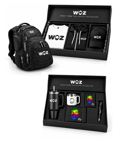 WOZ Work From the Office Gift Set: full backpack, apparel tray and desk-essentials tray on white. Additional free Premium Tee not shown.