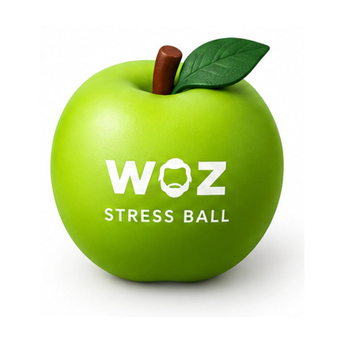 Green apple-shaped WOZ stress ball on white. Product render.