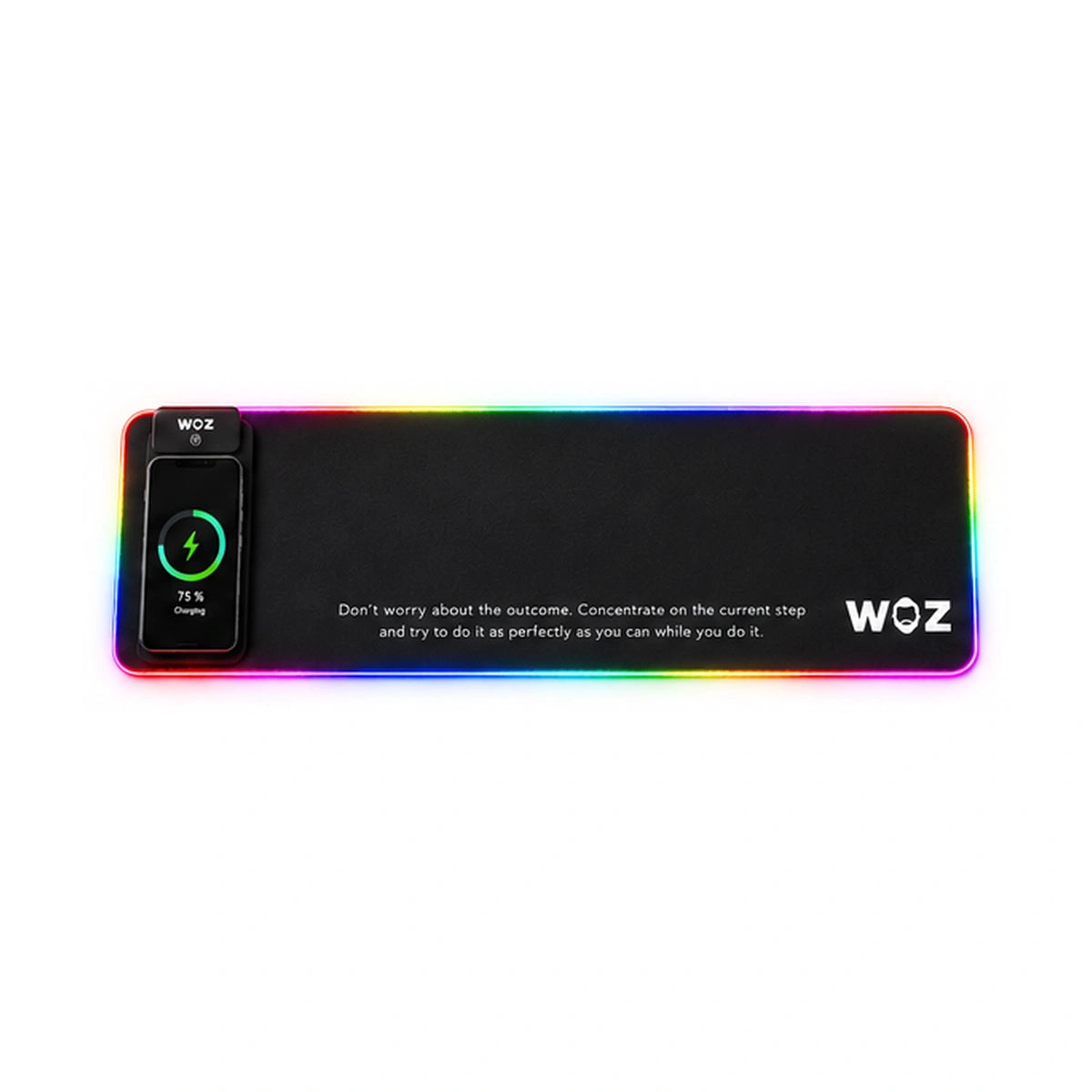 WOZ wireless-charging desk mat with RGB edge lighting. Product render. Phone shown for demonstration only; not included.
