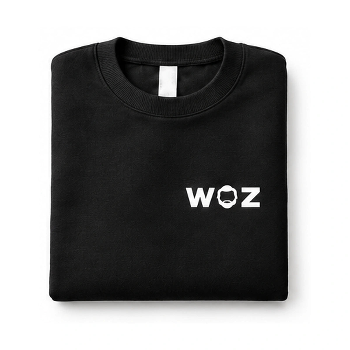 Black WOZ crewneck sweatshirt, folded front view on white. Product render.