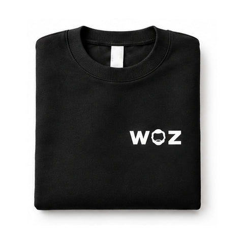 Black WOZ crewneck sweatshirt, folded front view on white. Product render.