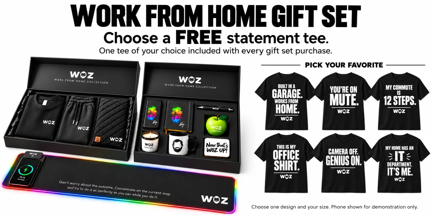 WOZ Work From Home Gift Set with corrected coaster artwork and choice of one free statement tee. Phone not included.