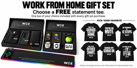WOZ Work From Home Gift Set with corrected coaster artwork and choice of one free statement tee. Phone not included.