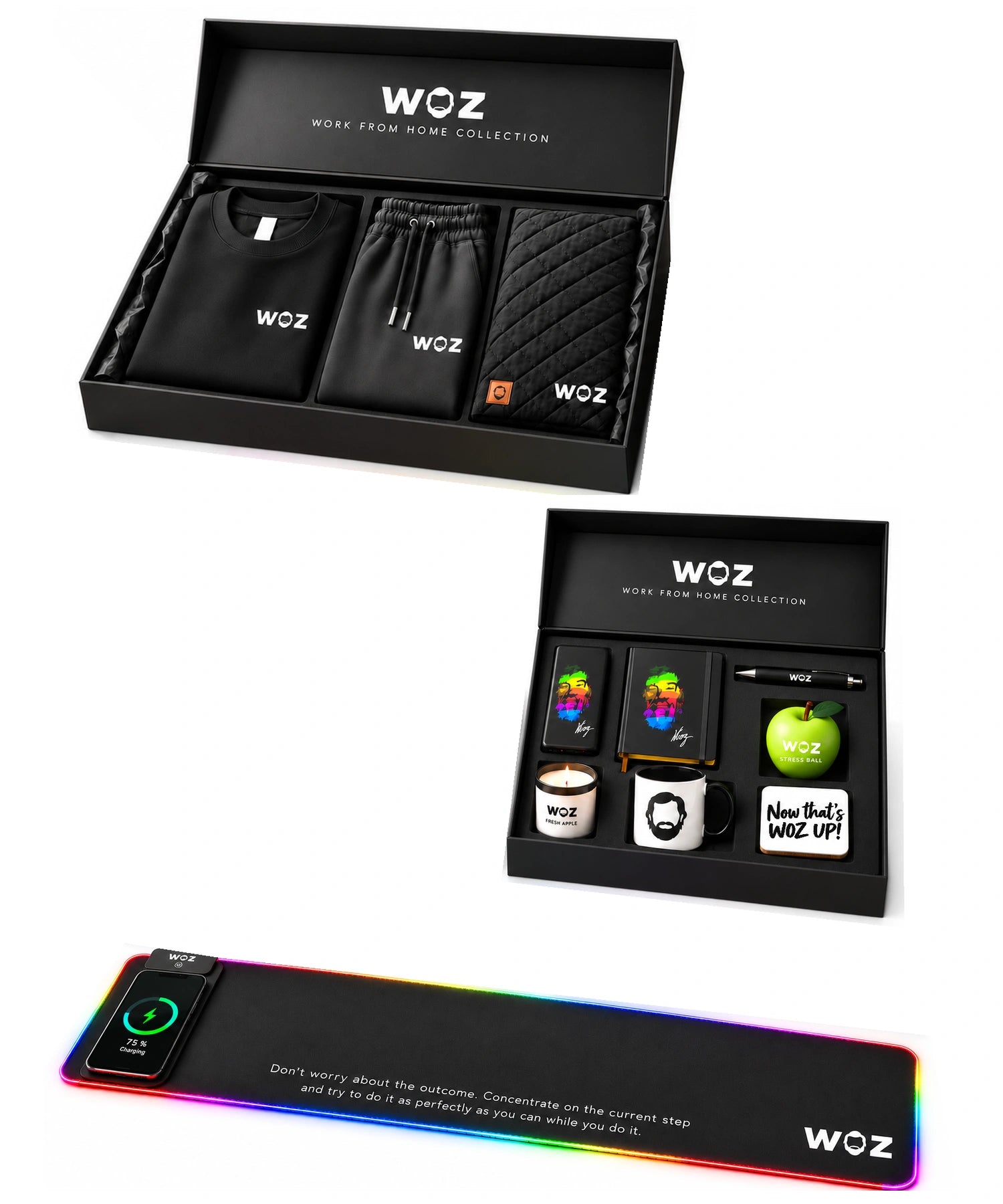 WOZ Work From Home Gift Set portrait view with corrected coaster artwork, both trays and charging mat. Phone not included; additional free statement tee not shown.
