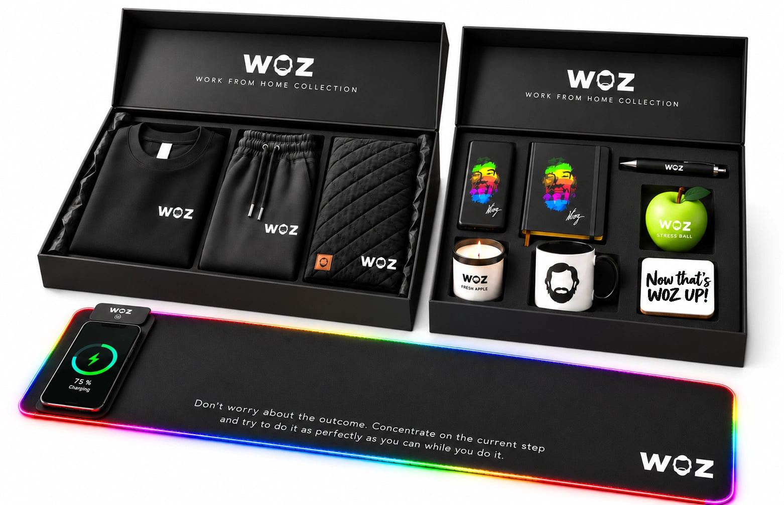 WOZ Work From Home Gift Set with the supplied coaster design, apparel and desk essentials. Phone not included.