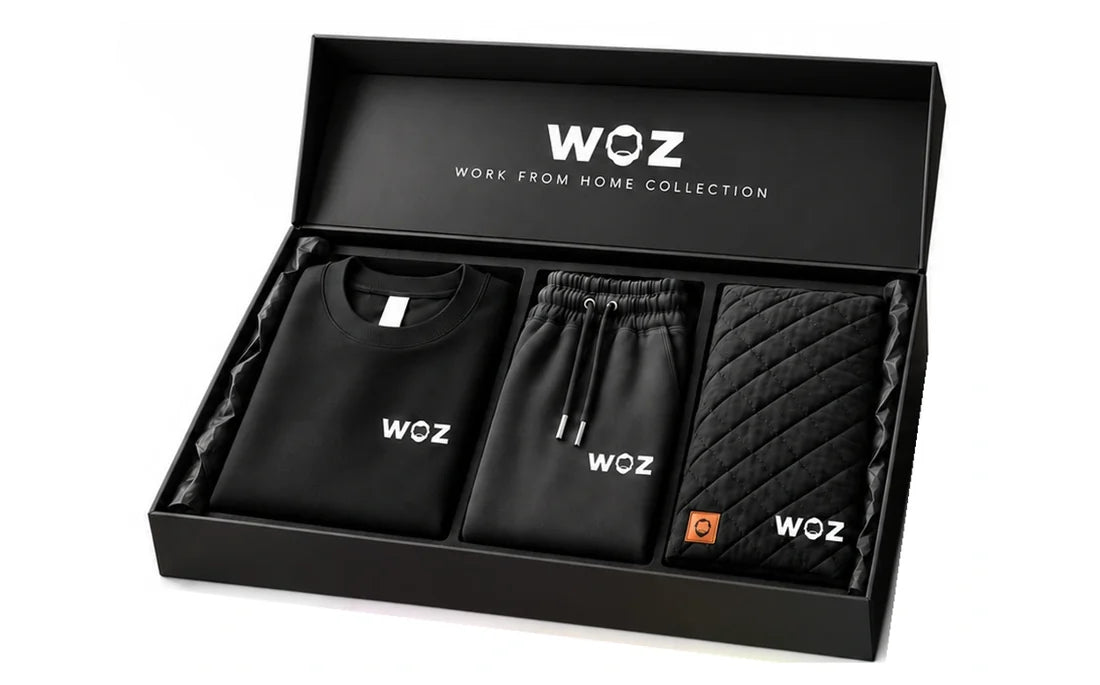 Work From Home Gift Set detail: open apparel tray. Desk accessories, charging mat and free Statement Tee are shown in the product gallery.