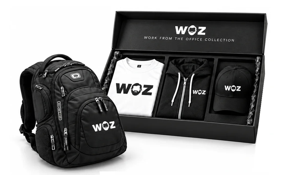 Office Gift Set detail: backpack and apparel tray. Additional desk essentials and free Premium Tee are shown in the product gallery.