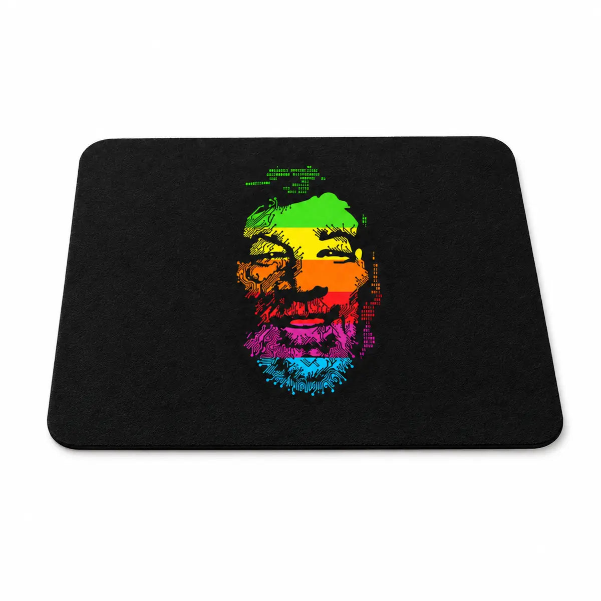 WOZ Rainbow Mouse Pad in black, with the multicolor Woz face centered on the front.